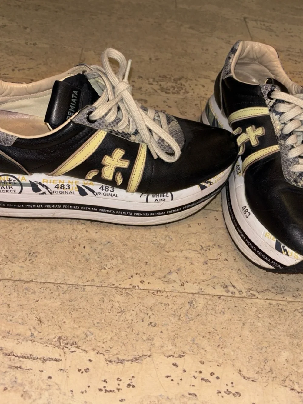 Premiata Black and Cream Platform Sneakers